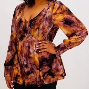 Torrid Babydoll Crinkle Gauze Smocked Top NWT 2 Fall Colors Tie Dye Blouse